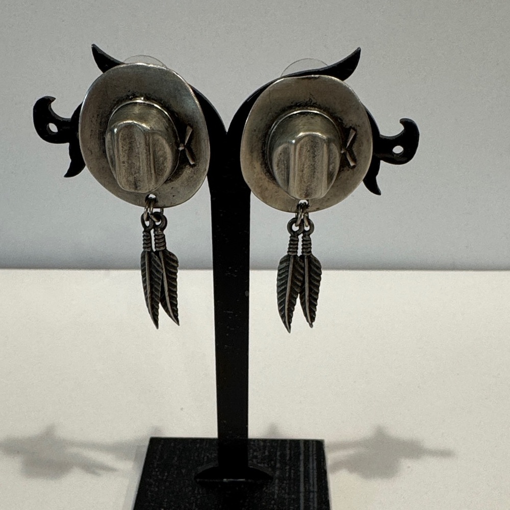 Southwestern Sterling Silver Cowboy Hat Earrings with Feather Charms Vintage